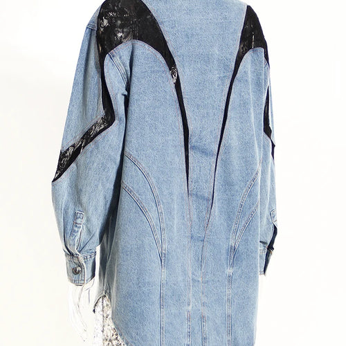 Load image into Gallery viewer, Loose Fit Blue Denim Lace Big Size Casual Jacket New Lapel Long Sleeve Women Coat Fashion Tide Spring Autumn 2025 1DH1698
