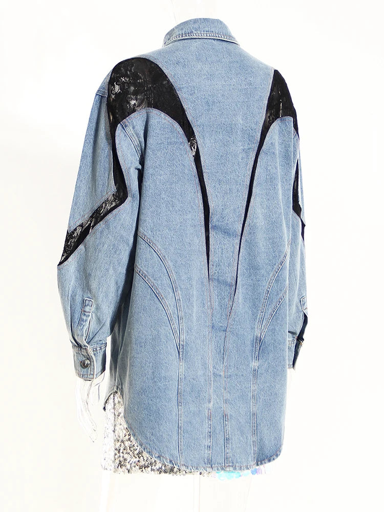 Loose Fit Blue Denim Lace Big Size Casual Jacket New Lapel Long Sleeve Women Coat Fashion Tide Spring Autumn 2025 1DH1698