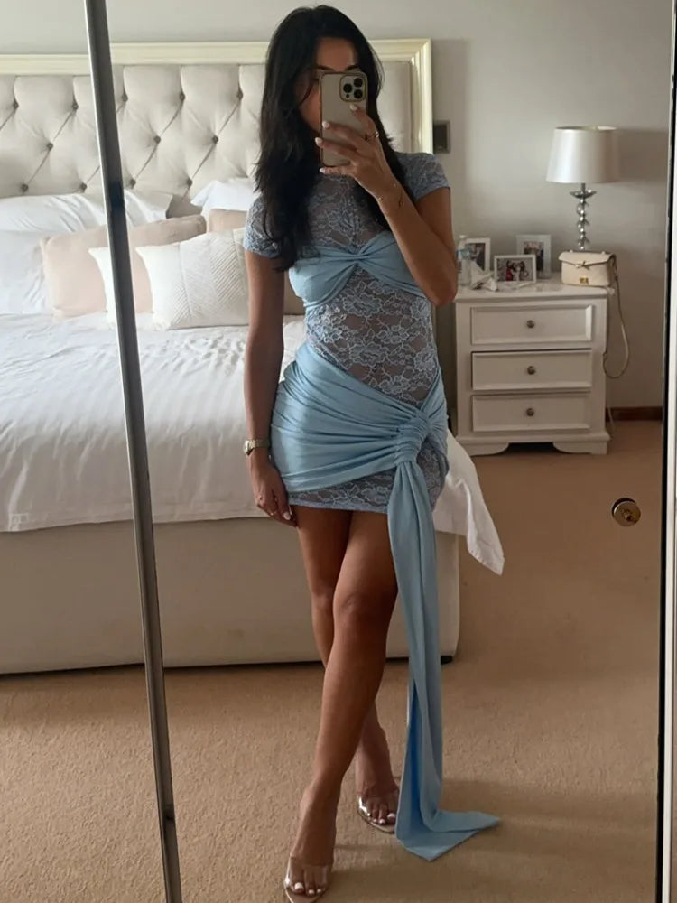Elegant Lace Patchwork Tight Strap Dress Women Sexy Double Layer Perspective Slimming Party Club Evening Dress 2025