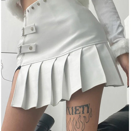 Load image into Gallery viewer, Spring Summer Sexy Retro White Black Pu Leather Mini Pleated Skirt Women Zipper Rivet Side Slit Short Designer Clothes
