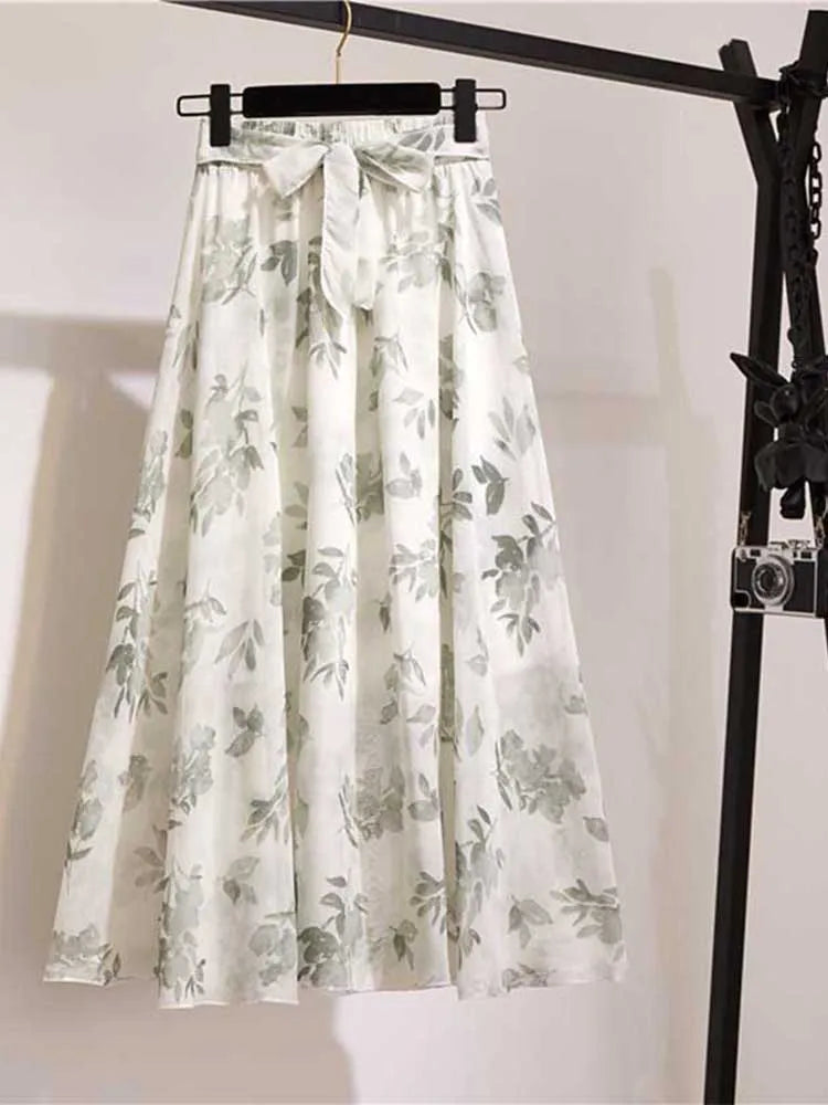 Long Skirt Women For 2024 Spring Summer Lady Korean Style White Black Chiffon Sun School High Waist Midi Skirt Female