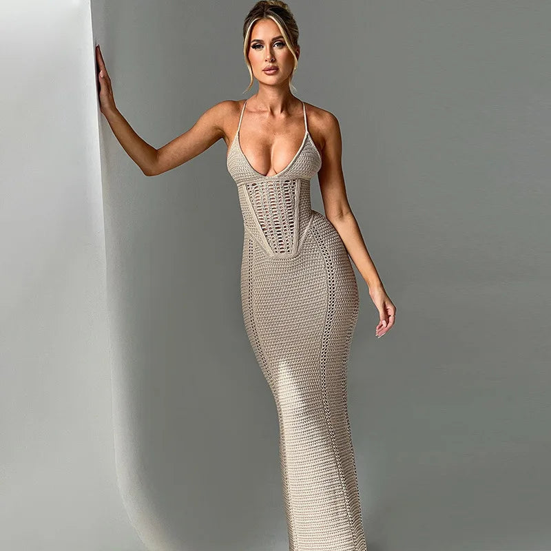Hollow Out Backless Knit Dress For Women Spaghetti Strap Bandage Sleeveless Bodycon Club Party Sexy Long Dress Elegant