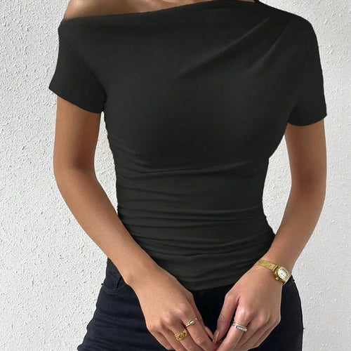 Load image into Gallery viewer, Women's One-Shoulder Ruched Short-Sleeve T-Shirt Summer Fashion Casual Solid Color Slim Fit Streetwear Top 2024
