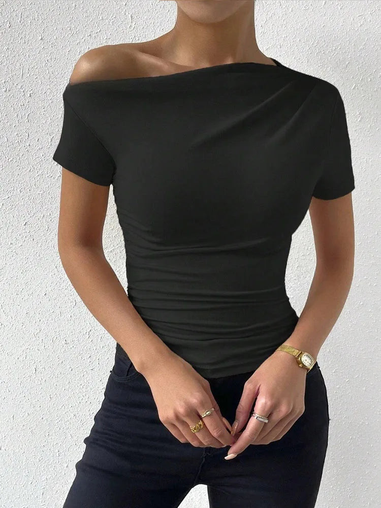 Women's One-Shoulder Ruched Short-Sleeve T-Shirt Summer Fashion Casual Solid Color Slim Fit Streetwear Top 2024