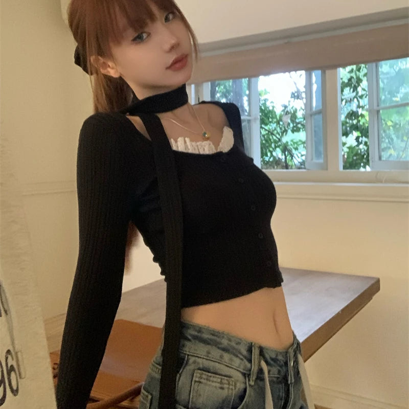 Lace Patchwork Women Gentle Crop Cardigans Y2k Aesthetic Sweet Single Breasted Sweaters Streetwear Casual Slim Grunge Knitwear