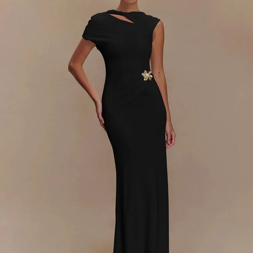 Load image into Gallery viewer, Hollow Out Backless Sexy Maxi Dress For Women Fashion Metal Buckle Solid Short Sleeve High Waist Slim Fit Long Dress
