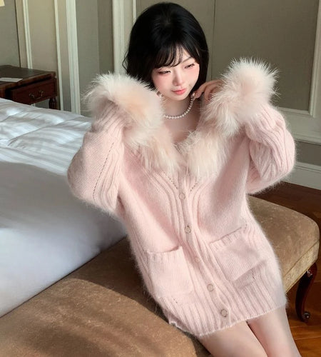 Women Fur Patchwork Hooded Grunge Cardigan Streetwear Vintage Single Breasted Solid Jackets Y2k Aesthetic Casual Loose Sweaters