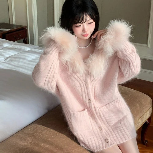 Load image into Gallery viewer, Women Fur Patchwork Hooded Grunge Cardigan Streetwear Vintage Single Breasted Solid Jackets Y2k Aesthetic Casual Loose Sweaters
