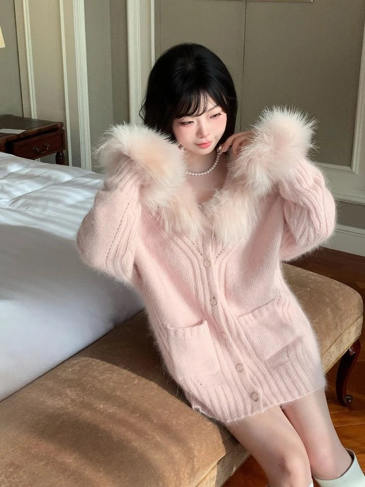 Women Fur Patchwork Hooded Grunge Cardigan Streetwear Vintage Single Breasted Solid Jackets Y2k Aesthetic Casual Loose Sweaters