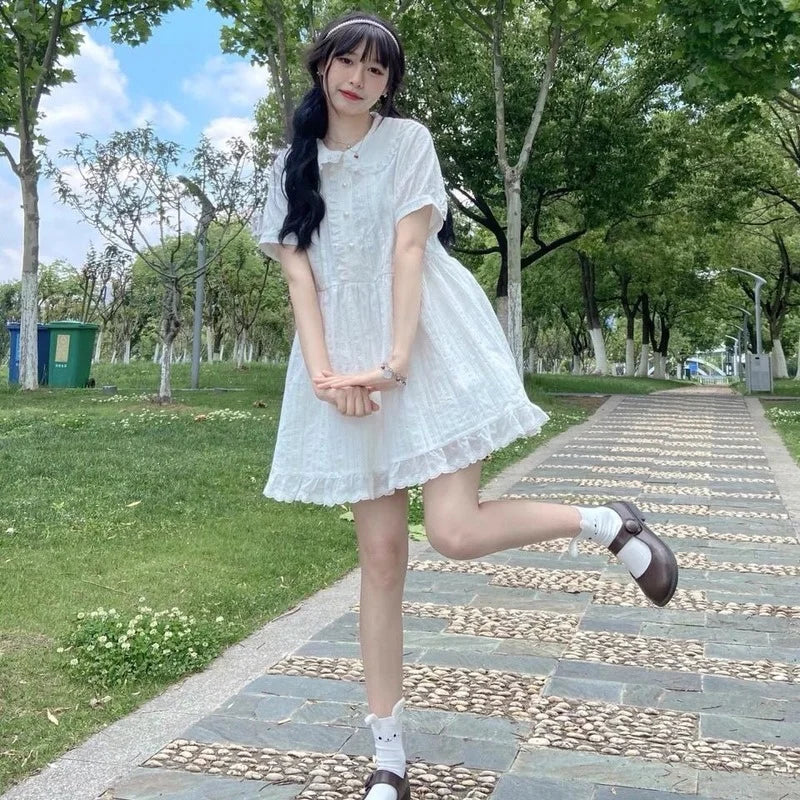 Kawaii White Lolita Dress Women Soft Girl Sweet Princess Ruffle Elegant Dresses Peter Pan Colalr Button Summer