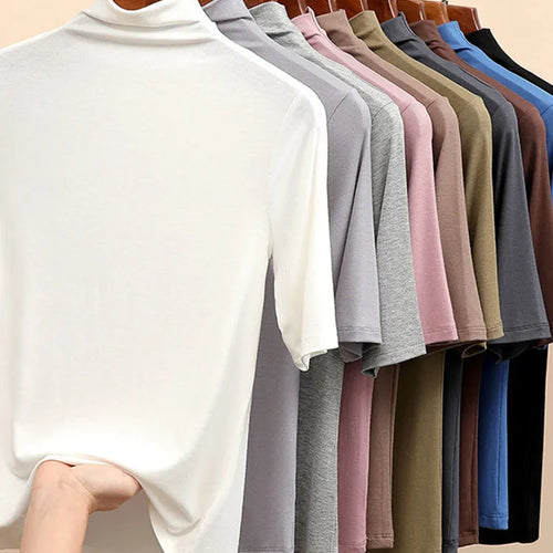 Load image into Gallery viewer, Half Turtleneck Milk Silk Tops Women Short Sleeve Slim T-Shirt Solid Color Basic Trend Bottoming Shirt High Street Women Blouse
