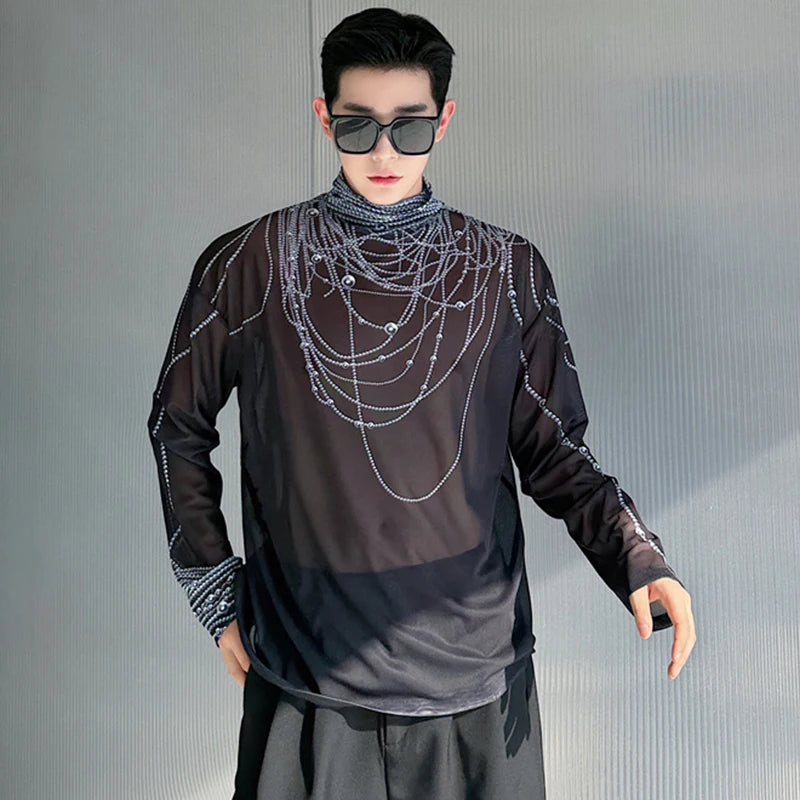 Men's T-shirt New Trendy Pearl Printing Contrast Color Stand Collar Baggy Male Long Sleeve Tops Niche Design Spring 9C4953