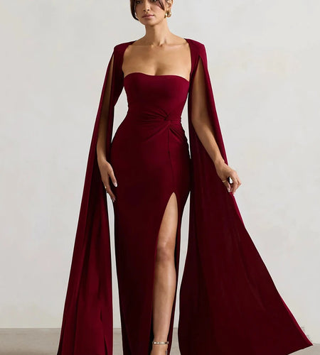 Long Cape Sleeve Split Maxi Dress For Women Gown Fashion Solid Square Collar Evening Sexy Long Dress Elegant New