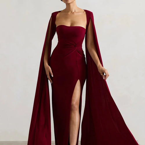 Load image into Gallery viewer, Long Cape Sleeve Split Maxi Dress For Women Gown Fashion Solid Square Collar Evening Sexy Long Dress Elegant New
