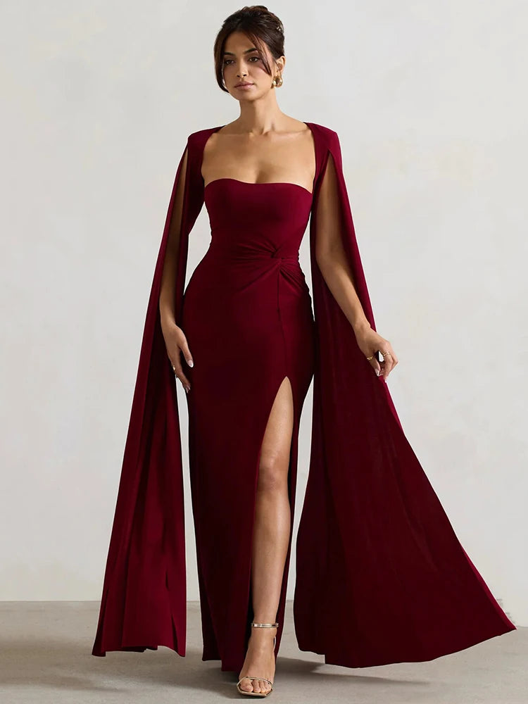 Long Cape Sleeve Split Maxi Dress For Women Gown Fashion Solid Square Collar Evening Sexy Long Dress Elegant New
