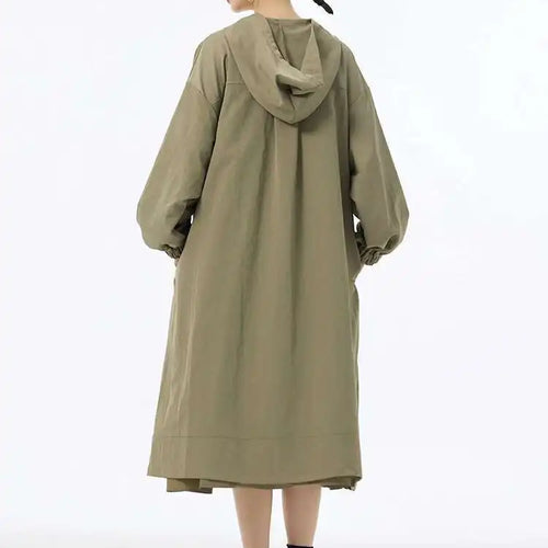 Load image into Gallery viewer, Women Green Pocket Zipper Big Size Long Trench New Hooded Long Sleeve Windbreaker Fashion Tide Spring Autumn 2025 1DH6713
