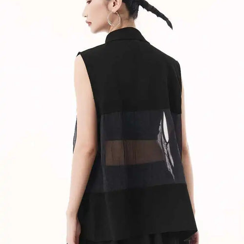Load image into Gallery viewer, Women Black Mesh Perspective Big Size Elegant Blouse New Lapel Sleeveless Shirt Fashion Tide Spring Summer 2025 1DH9508
