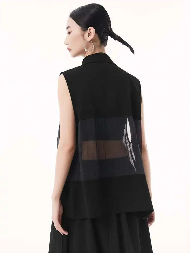 Women Black Mesh Perspective Big Size Elegant Blouse New Lapel Sleeveless Shirt Fashion Tide Spring Summer 2025 1DH9508