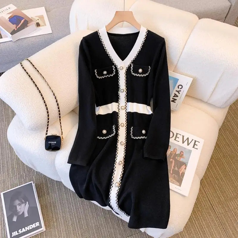 Autumn Winter Black White Patchwork Long Sleeves Knitted Dress French Women's Elegant Single Breasted Office Dress Fashion Trend