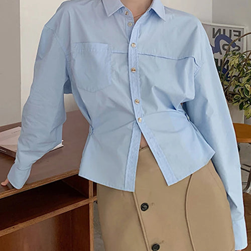 Load image into Gallery viewer, Slim Waist Blue French Style Shirt Solid Color Chic Pockets Single Breasted Fashion Female Shirts Simple Office Ladies
