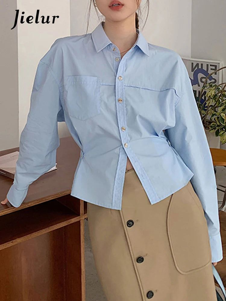 Slim Waist Blue French Style Shirt Solid Color Chic Pockets Single Breasted Fashion Female Shirts Simple Office Ladies