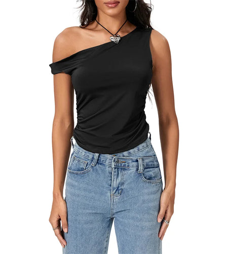 y2k Crop Tops 2000s Clothing Women Solid Color Oblique Shoulder Sleeveless T Shirt Aesthetic Clothes Summer Streetwear