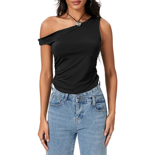 Load image into Gallery viewer, y2k Crop Tops 2000s Clothing Women Solid Color Oblique Shoulder Sleeveless T Shirt Aesthetic Clothes Summer Streetwear
