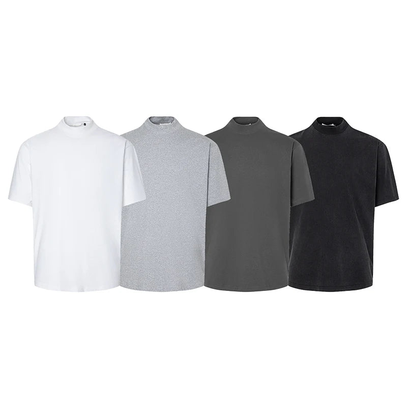 Turtleneck Men's Short Sleeve T-shirts New American Loose Clean Fit Design Solid Color Pullover Male Clothing 9W1456
