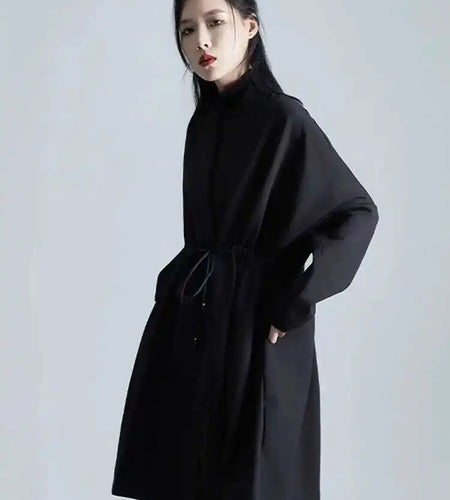Loose Fit Black Bandage Big Size Long Jacket New O-neck Long Sleeve Women Coat Fashion Tide Spring Autumn 2025 1DH1987