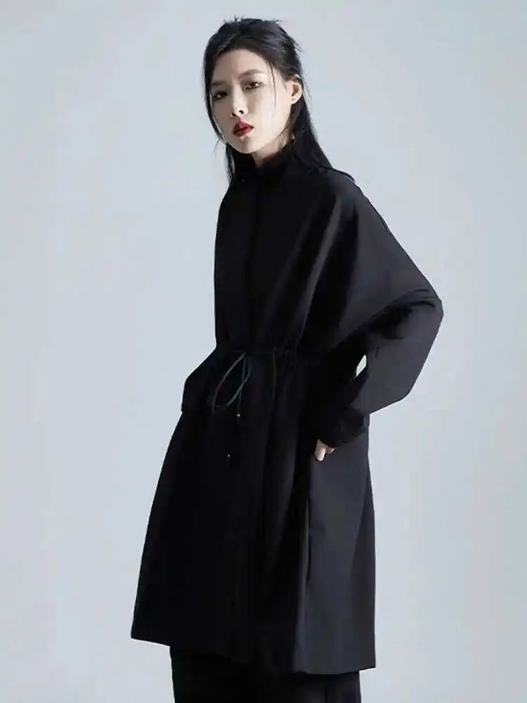 Loose Fit Black Bandage Big Size Long Jacket New O-neck Long Sleeve Women Coat Fashion Tide Spring Autumn 2025 1DH1987