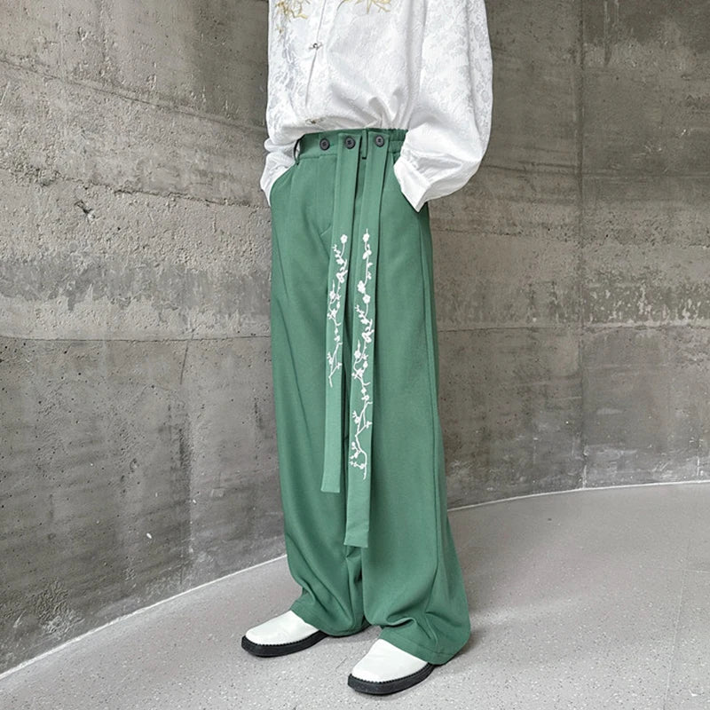 Personalized Suit Pants Embroidery Ribbon Casual Chinese Style Trend Man's Straight Leg Trousers Button Zipper 9C5323