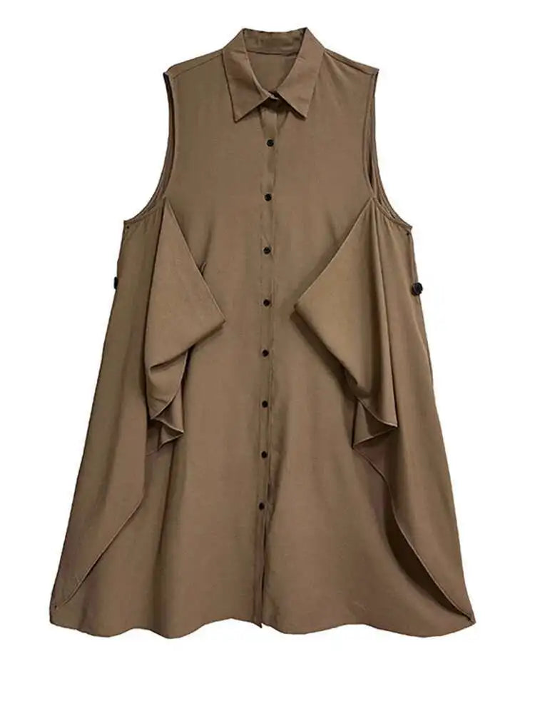Women Khaki Irregular Spliced Big Size Midi Shirt Dress New Lapel Sleeveless Fashion Tide Spring Summer 2025 1DH9434
