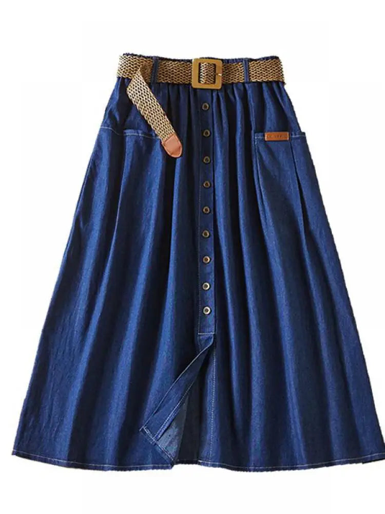 Denim Skirt Women Summer A-line High Waist Medium Length Belt Lace Up 2022 Knee Length Young Beautiful Casual Skirts Female
