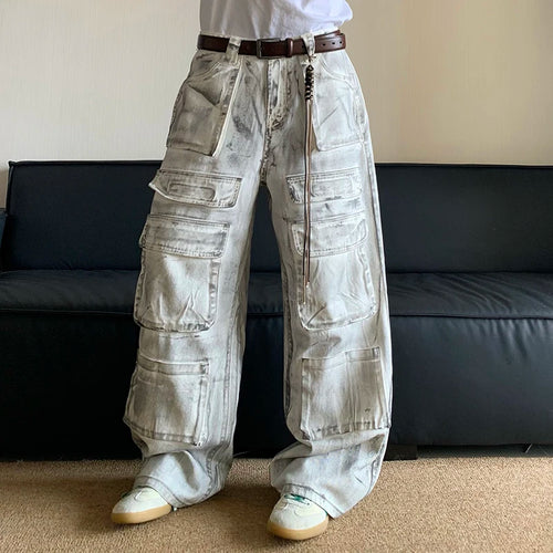 Load image into Gallery viewer, American Style Multi Pocket Straight Workwear Jeans Men High Street Wide Leg Denim Pants Vintage Male Trousers 24E1021
