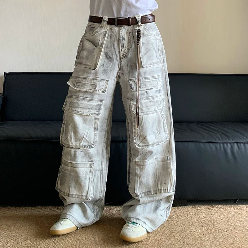 American Style Multi Pocket Straight Workwear Jeans Men High Street Wide Leg Denim Pants Vintage Male Trousers 24E1021