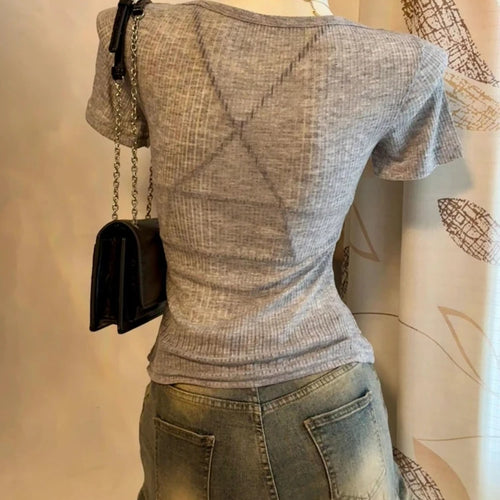 Load image into Gallery viewer, 2025 Summer Two Pieces Set Harajuku Solid Button Bodycon Casual T-shirt + Women Y2k Aesthetic Sexy Grunge Cropped Fairy Tank Top
