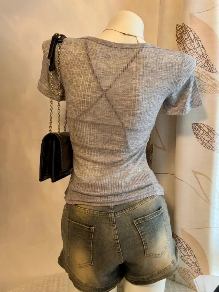 2025 Summer Two Pieces Set Harajuku Solid Button Bodycon Casual T-shirt + Women Y2k Aesthetic Sexy Grunge Cropped Fairy Tank Top