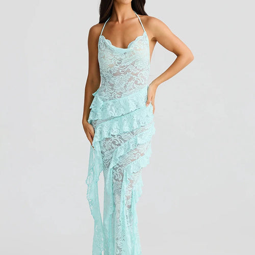 Load image into Gallery viewer, Lace Backless Sexy Maxi Dress Women Gown Halter Lace-up Sleeveless Bodycon Elegant Ruffle Beach Club Long Dress 2025
