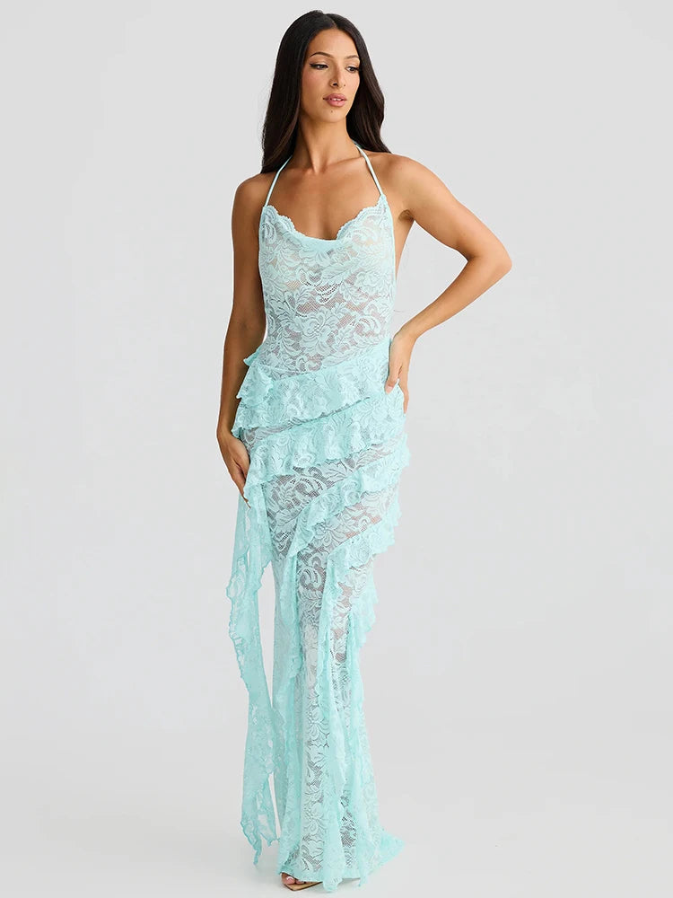 Lace Backless Sexy Maxi Dress Women Gown Halter Lace-up Sleeveless Bodycon Elegant Ruffle Beach Club Long Dress 2025