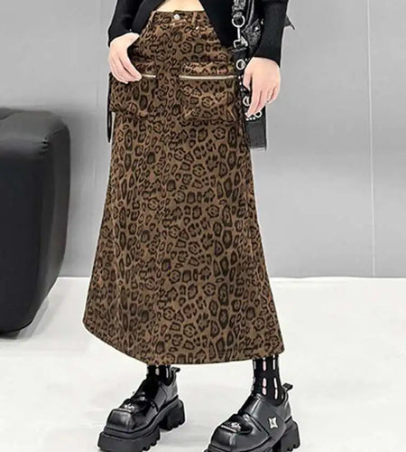 High Waist Leopard Print Pocket Shaped Long Straight Half-body Skirt Women Fashion Tide New Spring Autumn 2025 1DH8336