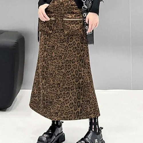 Load image into Gallery viewer, High Waist Leopard Print Pocket Shaped Long Straight Half-body Skirt Women Fashion Tide New Spring Autumn 2025 1DH8336
