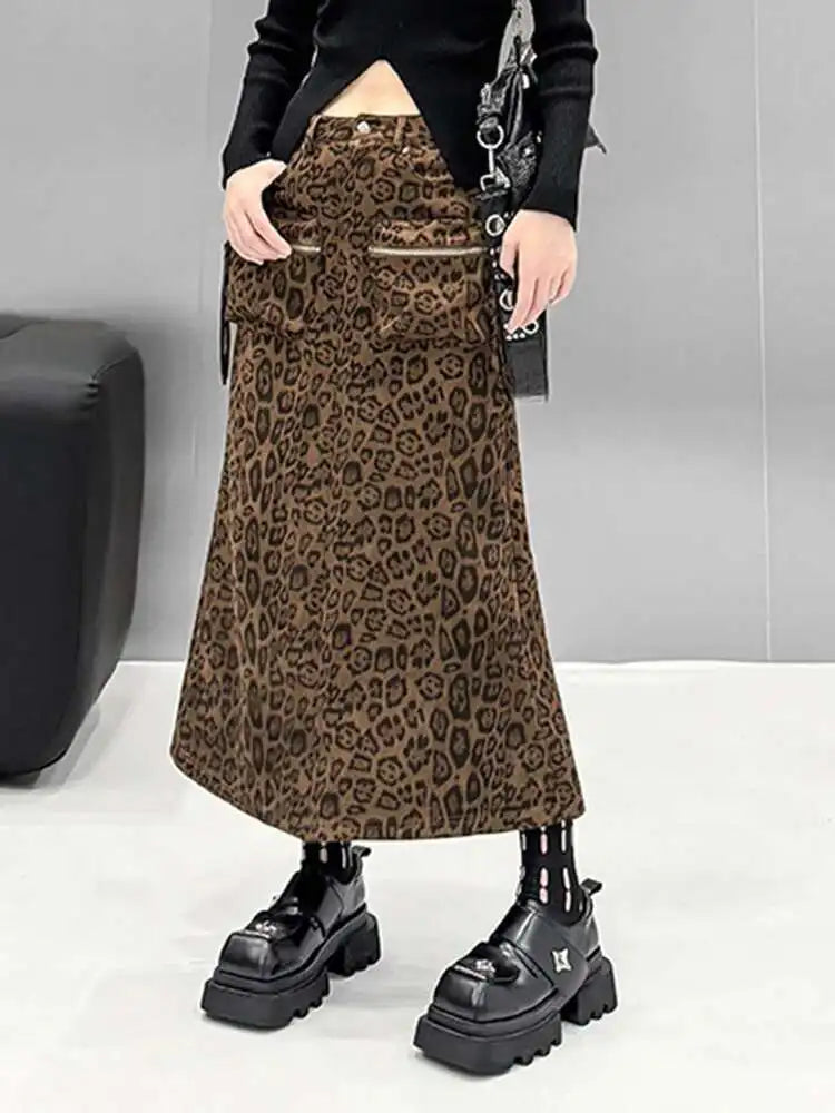 High Waist Leopard Print Pocket Shaped Long Straight Half-body Skirt Women Fashion Tide New Spring Autumn 2025 1DH8336