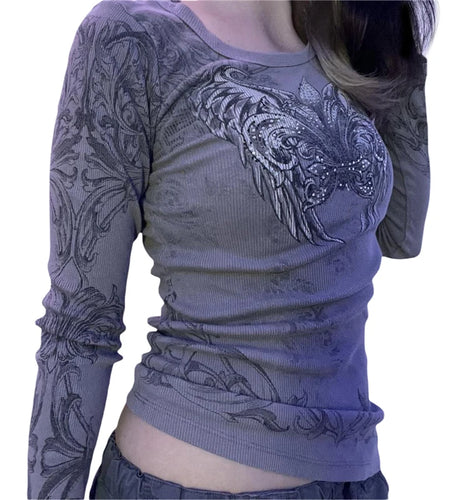 Fairycore Grunge Retro Top y2k Women Graphic Wings Print Round Neck Long Sleeve T Shirt Aesthetic Clothing Streetwear