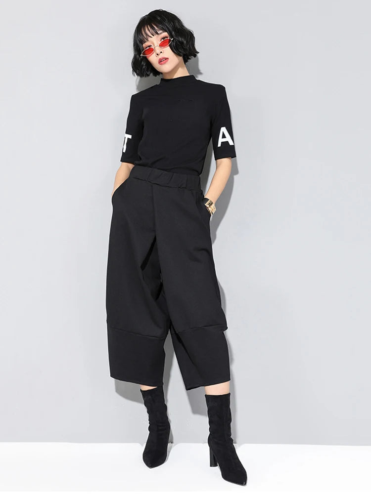 Spring Autumn High Elastic Waist Black Loose Big Pocket Brief Loose Harem Pants Women Trousers Fashion Tide JQ012
