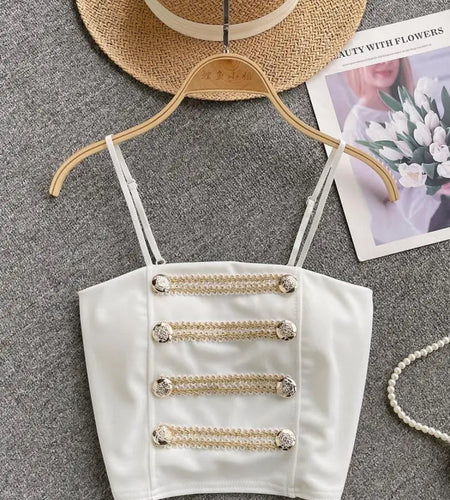 French Style Vintage Black Double Breasted Suspender Women's Summer Sexy Club Slim White Short Slip Top Fashion Versatile Simple