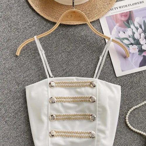 Load image into Gallery viewer, French Style Vintage Black Double Breasted Suspender Women's Summer Sexy Club Slim White Short Slip Top Fashion Versatile Simple
