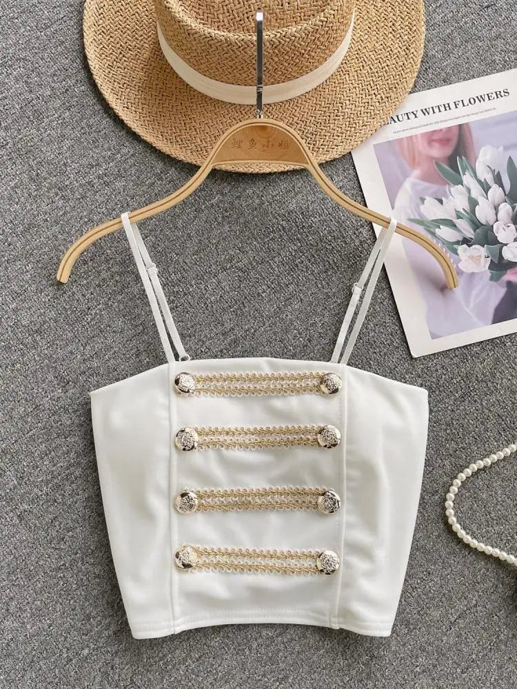 French Style Vintage Black Double Breasted Suspender Women's Summer Sexy Club Slim White Short Slip Top Fashion Versatile Simple