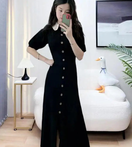 French Fashion Women Black Doll Collar Single Breasted Knitted Dress Spring Summer Red Elegant Short Sleeves Holiday Long Dress