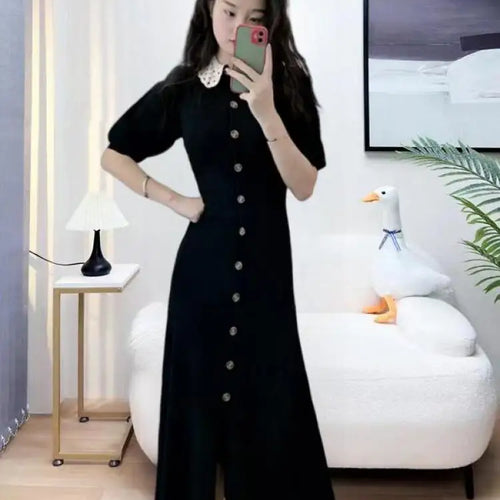 Load image into Gallery viewer, French Fashion Women Black Doll Collar Single Breasted Knitted Dress Spring Summer Red Elegant Short Sleeves Holiday Long Dress
