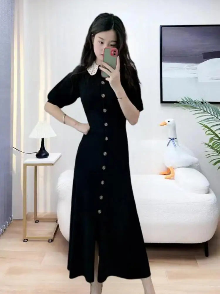 French Fashion Women Black Doll Collar Single Breasted Knitted Dress Spring Summer Red Elegant Short Sleeves Holiday Long Dress